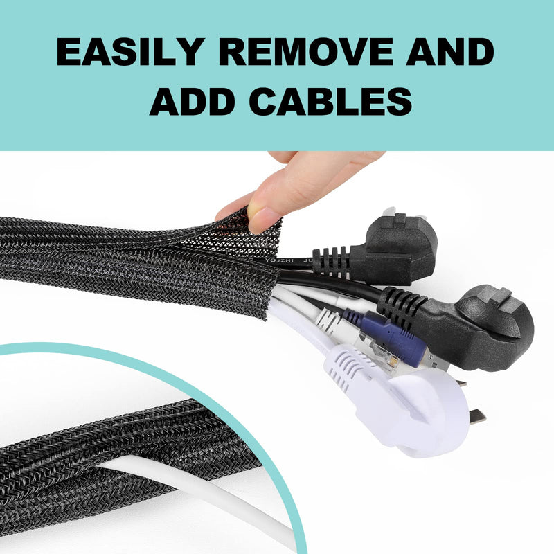 AGPTEK Cable Sleeve Cover, 2 Pack 5ft - 1.2 inch Cord Management Wire Organizer Under Desk, Home Office Computer Wire Cover Hider Cord Protector, Protect Cables from Pet Cat Dog Chewing, Black 1.2"-10ft