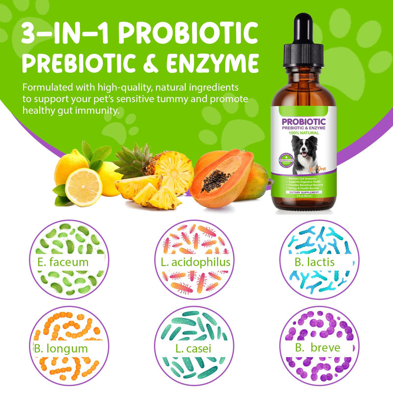 Dog Probiotic Drops, 3 in 1 Probiotic Supplement for Dogs with Natural Ingredients Supports Dog Digestive, Skin Coat & Immune Health, Daily Gut Support, Dogs Liquid Probiotic Supplement - 2 fl oz