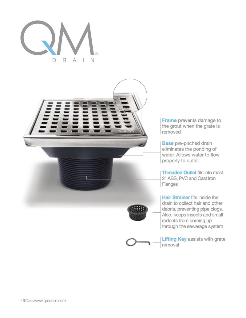 QM Square Shower Drain, Grate made of Stainless Steel Marine 316 and Base made of ABS, Lagos Series Mira Line, 5 inch 3/4, Bronze Finish, Kit includes Hair Trap/Strainer and Key 5 3/4 x 5 3/4