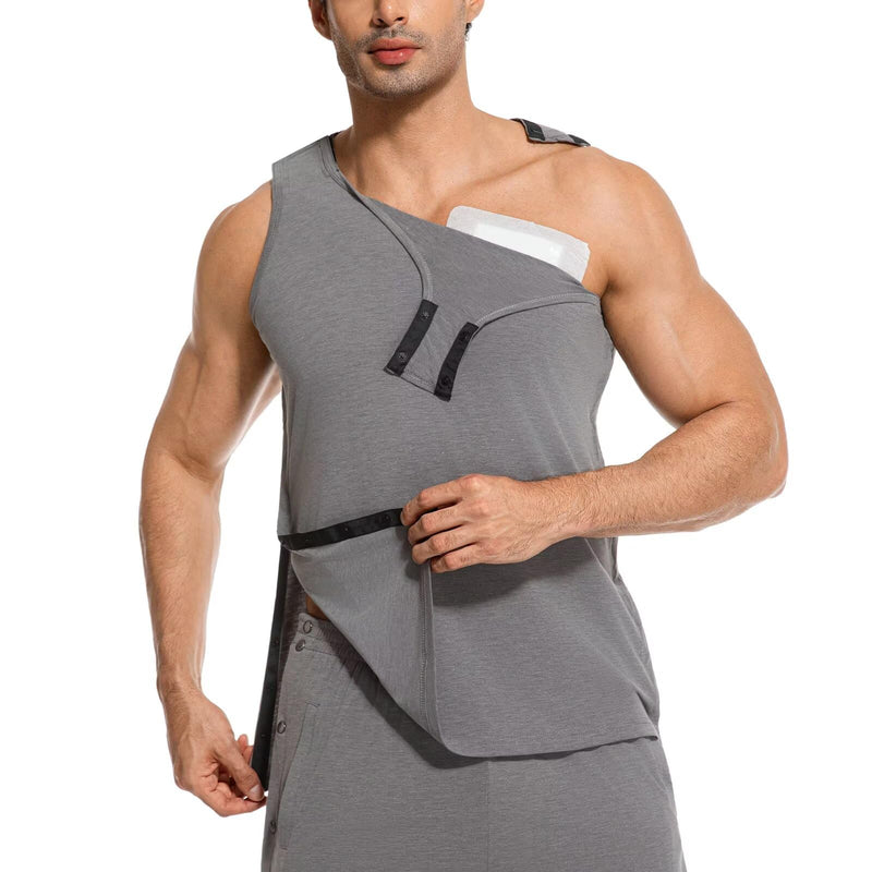 Men Post Shoulder Surgery Vest Sleeveless Tank Top Tear Away Shirt for Men Chemo Port Shirts Recovery Shirts Grey Medium
