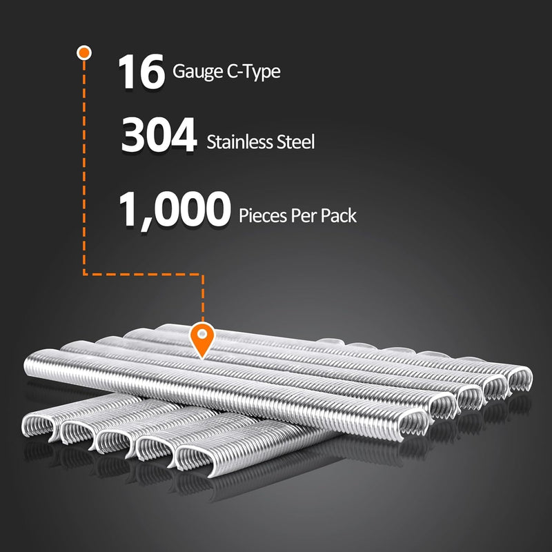 Kamsin SC760 16 Gauge C Ring Staples 1/2" Inside Crown 5/8" Outside Crown Hog Rings 304 Stainless Steel Collated for Staple Gun 1,000 PCS/Pack 1000