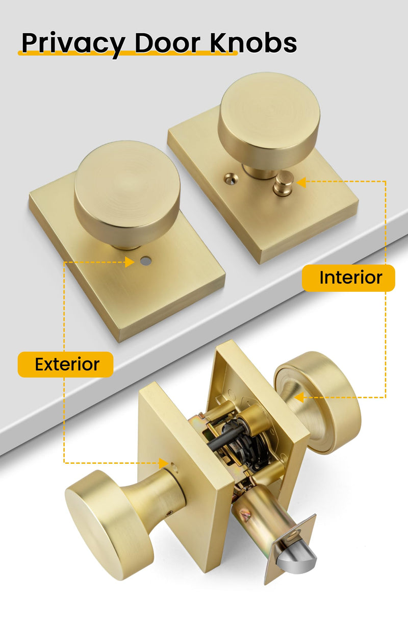 goldenwarm Gold Door Knob Interior, Heavy Duty Brushed Gold Interior Door Knobs for Bedroom Bathroom, Round Privacy Door Knob, Zinc-Alloy Rectangle Rosette Indoor Doorknob (1 Pack) 1 Pack