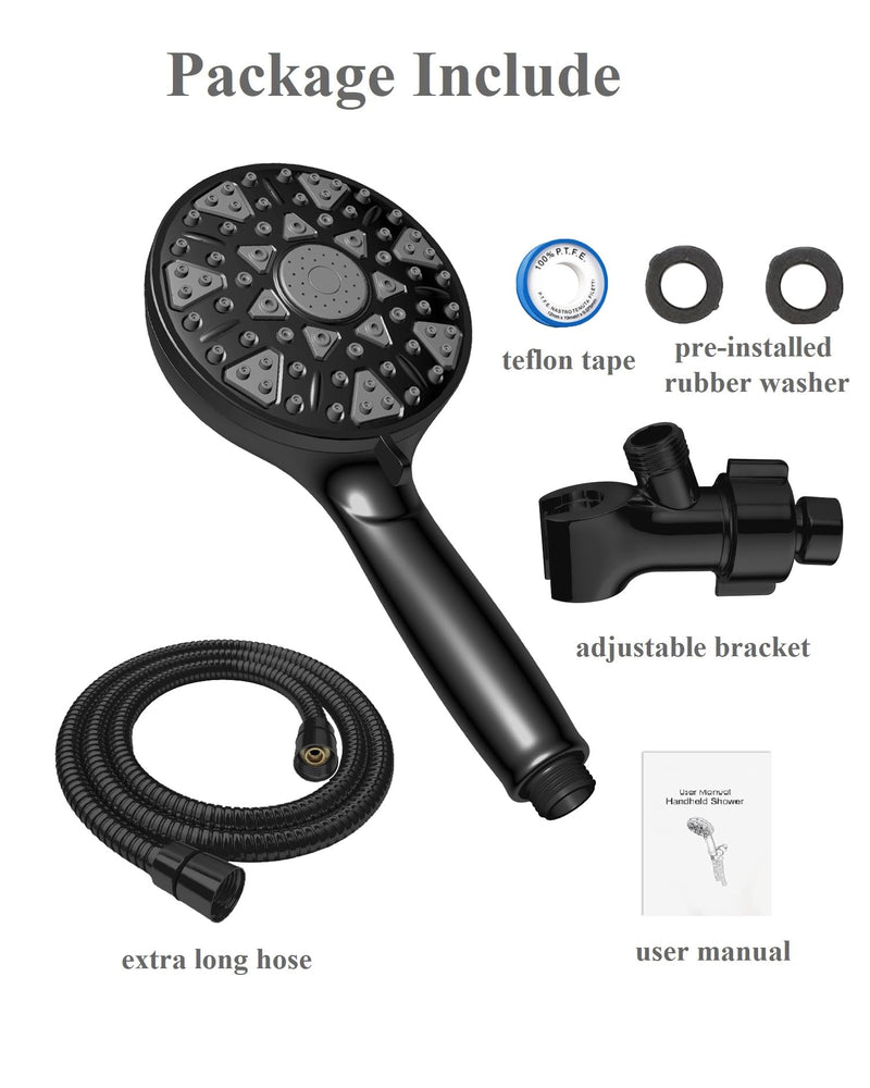 Shower Head With Handheld High Pressure 7 modes, Built-in Power Wash to Clear Tub, Tile, 5" High Powerful Hand Held Rain Showerhead with Stainless Steel Hose and Adjustable Bracket (Matte Black) Polished Black