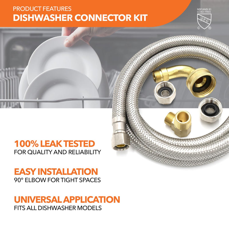Universal Dishwasher Hose Kit, 3/8" x 3/8" Compression, 6ft long Braided Stainless Steel Hose + 3/4" Hose Bibb Elbow + 3/8" Compression Elbow + 3/8" Compression Adaptor + 1/2" Compression Adaptor Dishwasher Kit 3/8"Cx3/8"C + Elbows (2) + Adapters (2)