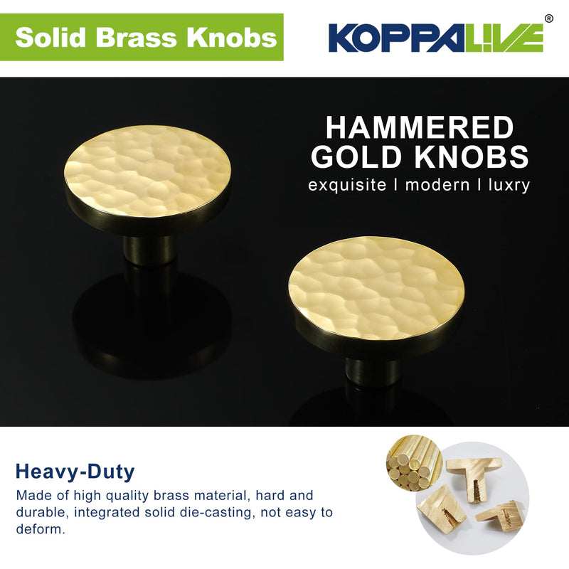 10-Pack Modern Gold Cabinet Knobs, Hammered Solid Brass Drawer Knobs, Round Dresser Drawer Pulls and Handles, Kitchen Cabinet Hardware, Diameter 1-3/16 Inch 10 Shiny Hammered Gold
