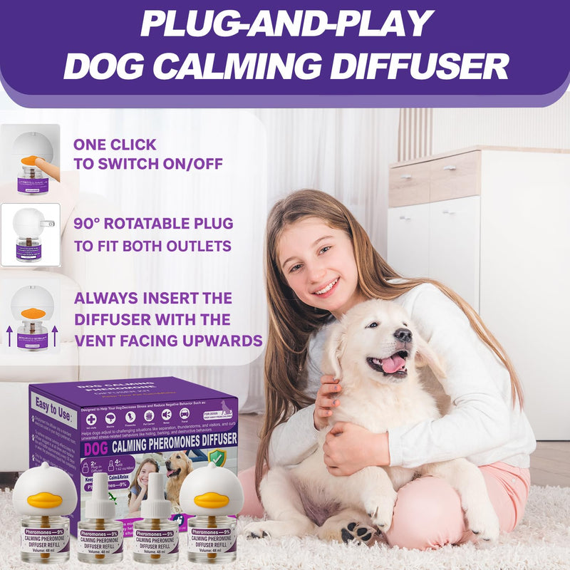 Dog Calming Pheromones Diffuser & 6 in 1 Kit Appeasing Dog Pheromone Diffuser Kit to Calm (2 Plug in+4 x48ml Refill) Calming Diffuser for Dog Reduce Anxiety Fighting Barking Stress 120 Day Supply Purple