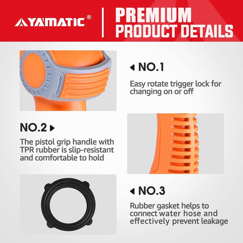 YAMATIC Garden Hose Nozzle with High Pressure Jet, Water Spray Nozzle with Thumb Control On Off Valve for Watering Garden, Washing Cars, and Showering Pets - ABS Comfortable Anti-slip Grip, 2PCS 2 Thumb Control-4 Spray Patterns