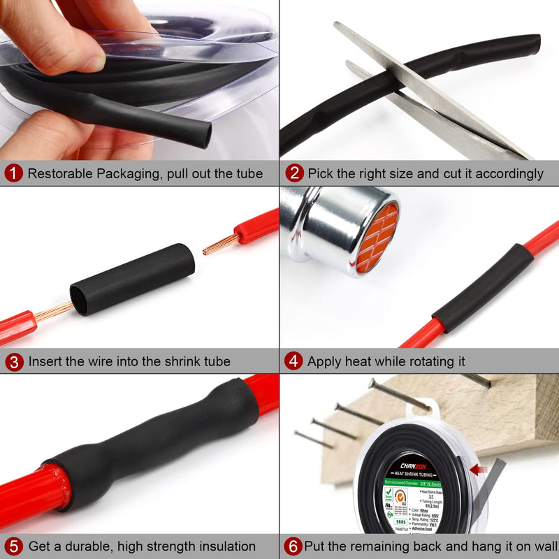 Chanzon 4:1 Ratio 5/32" (4mm) Heat Shrink Tubing - Marine Grade Waterproof Adhesive Lined - 8Ft Roll (2.5M Total Length) Black Polyolefin Sleeving Wrap Shrinking 4 to 1 Ratio 1pcs 4mm (5/32") - 8FT