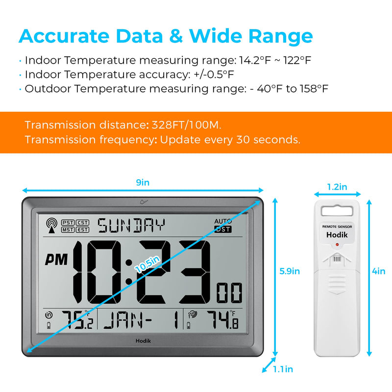 Wall Clock Atomic with Indoor Outdoor Temperature Battery Powered, Easy Reading with 10.5 Inch Large LCD Display, 330FT Range Table Wall Clock With DST, 12/24 Hour for Living Room Kitchen (Silver) Silver