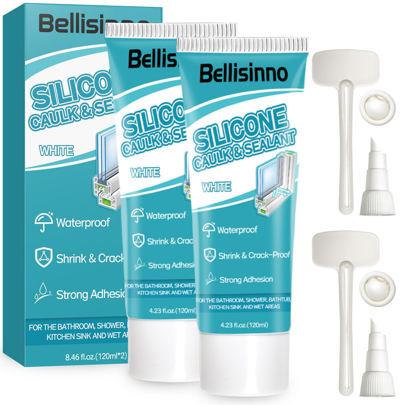 Silicone Caulk, White Caulking Waterproof, Shrink & Crack Proof, Suitable for Shower, Bathroom, Bathtub, Kitchen, Sink, 8.46 fl.oz. (120ml*2)