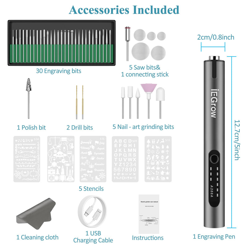Electric Engraving Pen with LED Light, 3 Speeds Mini DIY Etching Tool,USB-C Rechargeable Electric Engraver Tool with 44 Bits,Cordless Engraving Pen for Metal, Wood, Glass and Plastic,Grey Grey