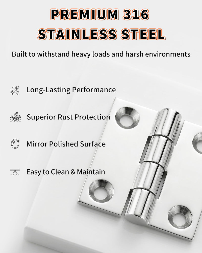 OULEME 1.5" x 1.5" 2" x 2" Boat Hinge, 316 Stainless Steel Marine Grade Hatch Hinge with Mounting Screws, Heavy Duty Door Hinge for Yacht, RV, Deck and Home Use, 2-Pack/4-pack 1.5" x 1.5" - 4 Pack