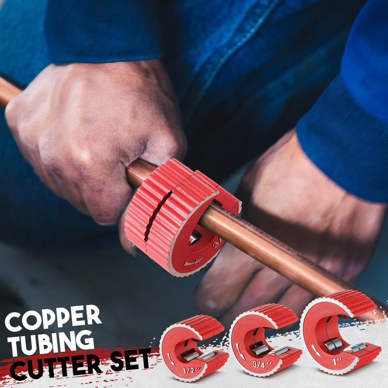 Copper Tubing Cutter Set, 3 Pcs Copper Pipe Cutter Tool, 1/2 In, 3/4 In, and 1 In. Cutters, Reaming Pen, 3 Cutters Handles with Storage Case