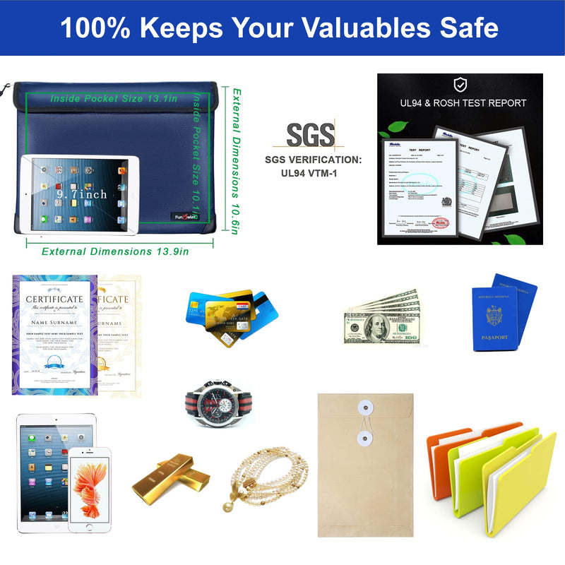 Fireproof Waterproof Money Document Bag - with 4200°F Heat Insulated, Safe Storage Pouch with Zipper, Upgraded 8 Layers of Functional Materials for Valuables (13.9"x10.6", Blue) 13.9"x10.6"