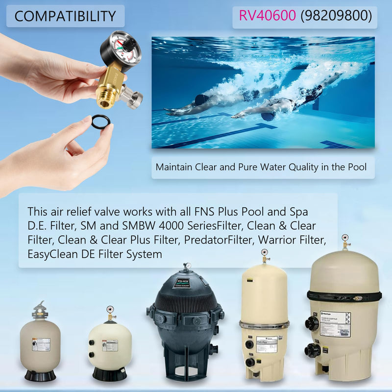 RV40600 (98209800) Brass air Relief valves are Suitable for a Variety of Swimming Pool Filter System Solutions, Including FNS, Clean and Clear, Quad DE, and 4000 Series Filters.