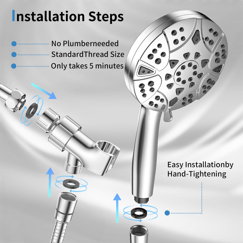 High Pressure 8-mode 5'' Handheld Shower Head with 5 ft Stainless Steel Hose and Adjustable Bracket, Built-in Power Wash to Clean Tub, Clean Corner,Tile & Pets Silver
