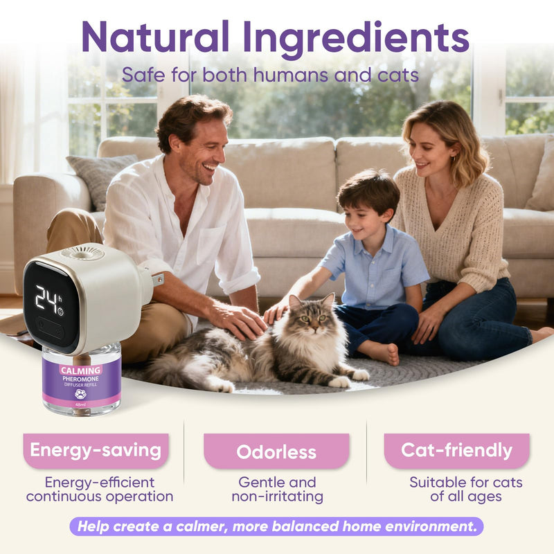 Cat Calming Diffuser Kit with Timer And Memory Adjustable 4/8/12/24H Cat Pheromone Diffuser 3-Pack (48ml Each) Helps Reduce Stress, Spraying, Fighting, Excessive Meowing & Scratching Fits All Cats Beige