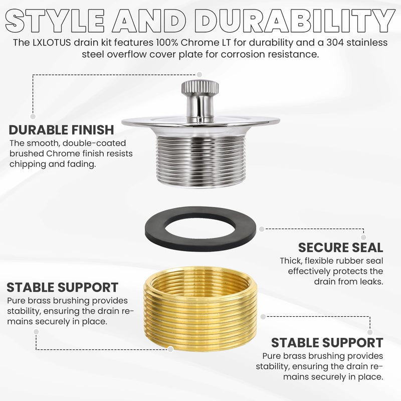 Chrome Bathtub Drain Kit, Lift and Turn - Polished Chrome Tub Drain and Overflow Drain Cover, Plug and Kit for Universal Fit 1-3/8" and 1-1/2" Drains