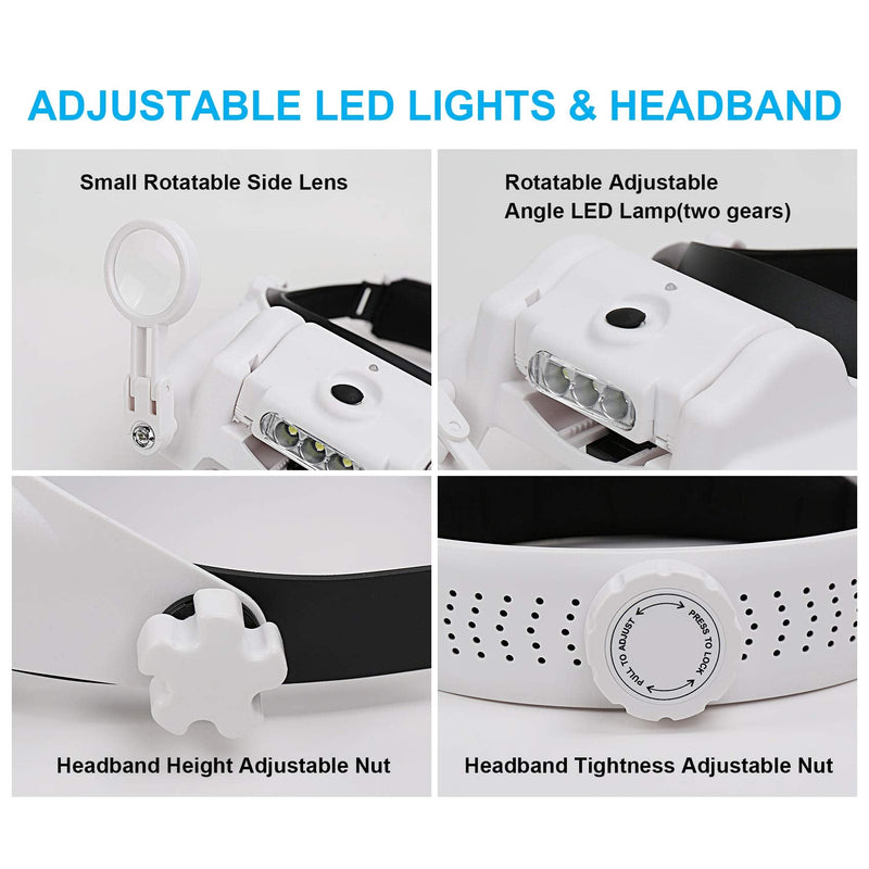 Headband Magnifying Glass with Light, Rechargeable Head Magnifying Glasses 1X to 14X, Magnifier Headset with 6 Detachable Lens, Hands Free Head Mount Magnifier for Close Work Jewelry Crafts 1x-14x Head Mount Magnifier