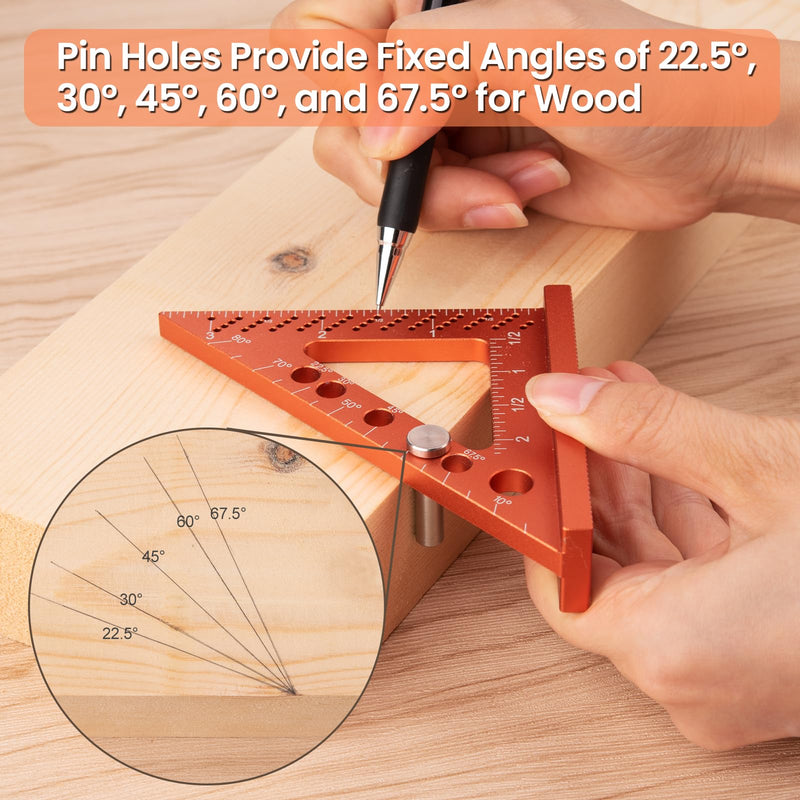 Neitra Small Square Ruler with Fixed Angle Pin, Accurate Compact Aluminum Alloy Mini Squares with Laser Etched Markings, Includes a Mechanical Pencil for Carpenter Woodworking Furniture Projects Orange 3.5 Inch