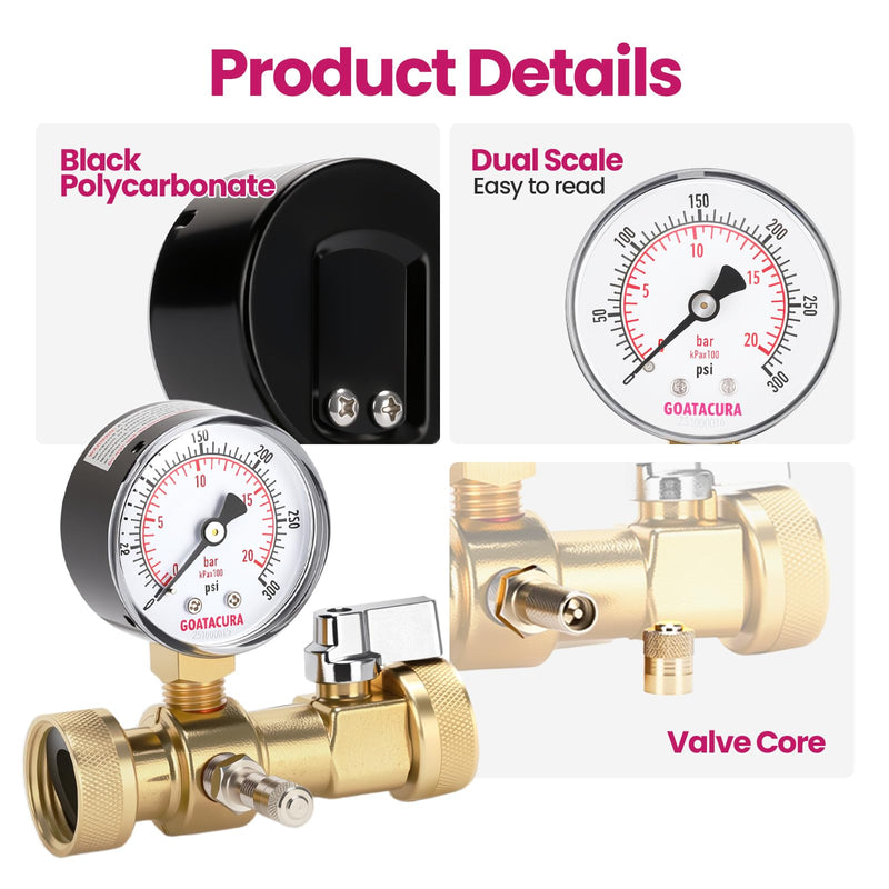 0-300psi Air Over Water Test Kit, 2” Dial Size, 1/4" NPT Lower Mount, with 3/4” Female Hose Tee Connection for Leak Detection and Pressure Testing,3-2-3% Accuracy