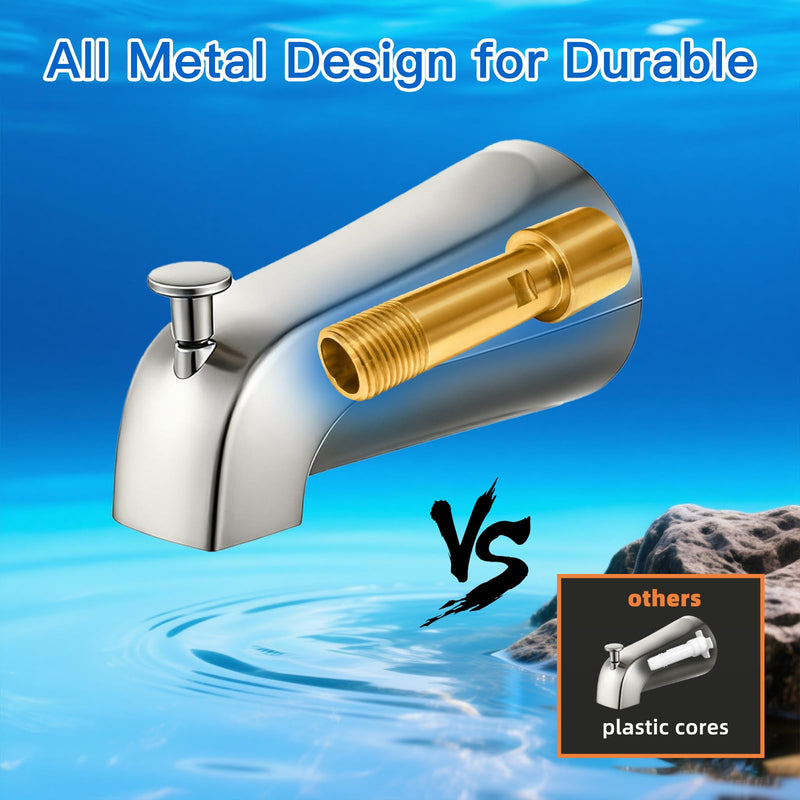 Metal Chromel Bathtub Spout with Diverter, All Metal,5.3 Inch Tub Spout, Fits 1/2" Copper Slip-On and 1/2" or 3/4" IPS Threaded Pipes, Leak-Free, Slip Fit Tub Spout with Pull-Up Diverter