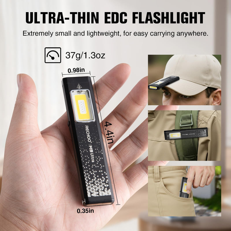 RECHOO Flat EDC Flashlight Rechargeable, 8-Mode Slim Pocket Flashlight with Magnetic Base & Clip, Lightweight Mini Rechargeable Flashlights for Everyday Carry, Working, Camping, Car Repair & Emergency Black