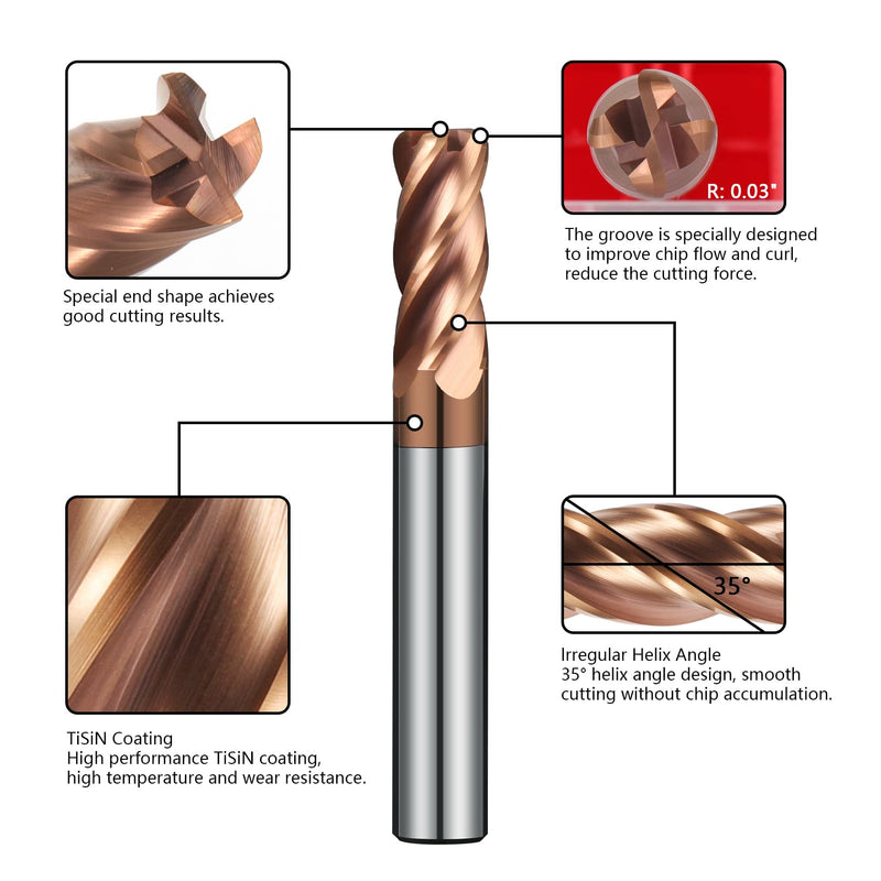 1/2" Tungsten Carbide Corner Radius End Mill 4Flute Milling Bits Sets with TISIN Coated for Steel 1/2 in R0.03