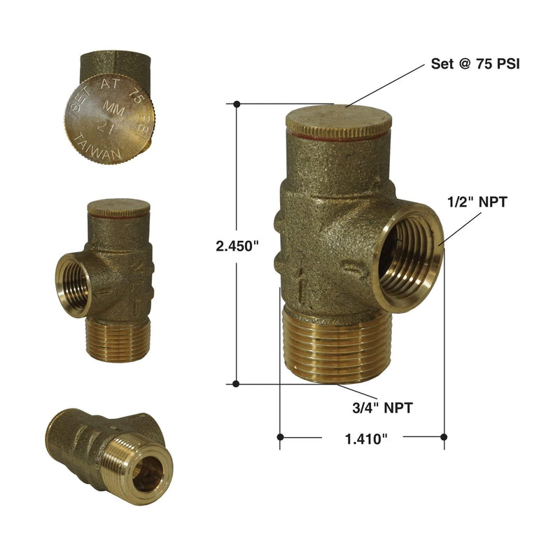 Merrill MFG PRVNL75 No Lead Brass Pressure Relief Valve 75 PSI, 3/4"