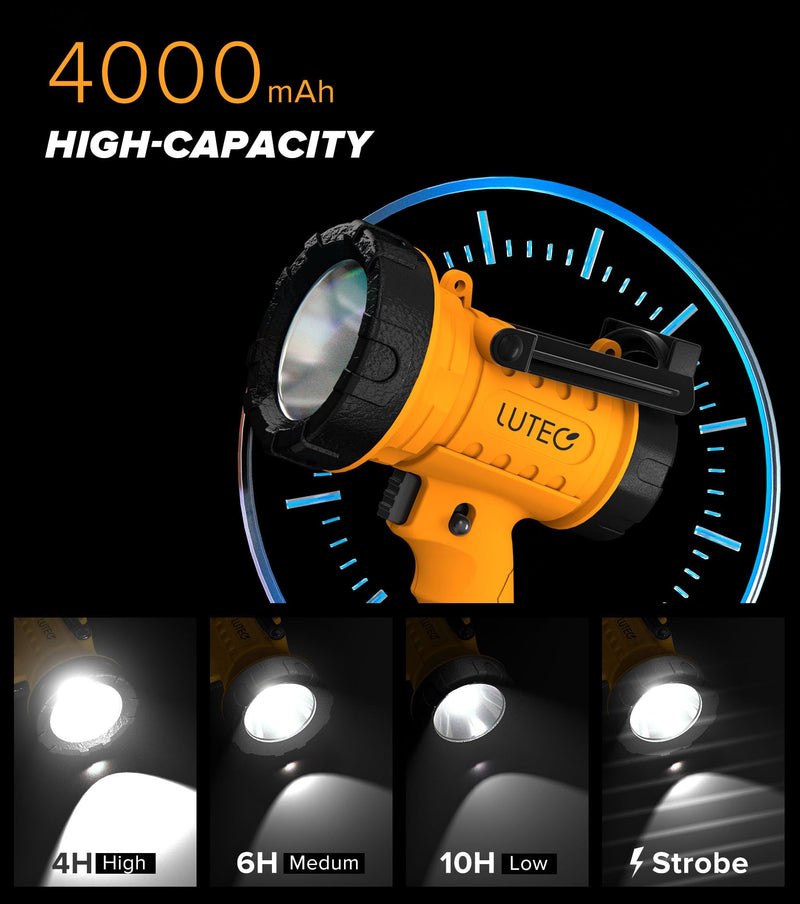 LUTEC 2 Pack Rechargeable Spotlight Flashlight 90,000 Lux Super Bright, IP67 Waterproof Rechargeable Spotlights Handheld with 4 Modes Search Light with Foldable Stand and Red Light Filter (Orange) Orange