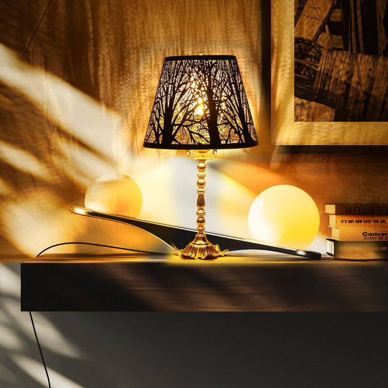 Small Lamp Shade, ALUCSET Barrel Metal Lampshade with Pattern of Trees for Table Lamp and Floor Light, Top Diameter 6 X Bottom Diameter 10 X Height 7.5 Spider Metal Black/Gold