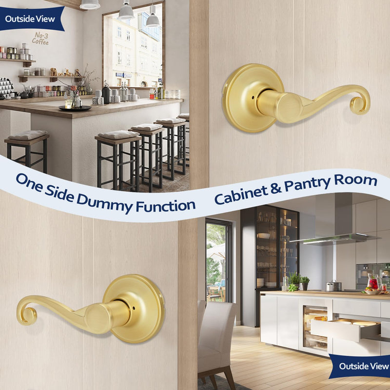 Gold Door Lever 2 Pack, Non-Turning Dummy Door Levers, Left-Sided, Closet/Pantry Door Handle, Wave Design Dummy - Left-sided