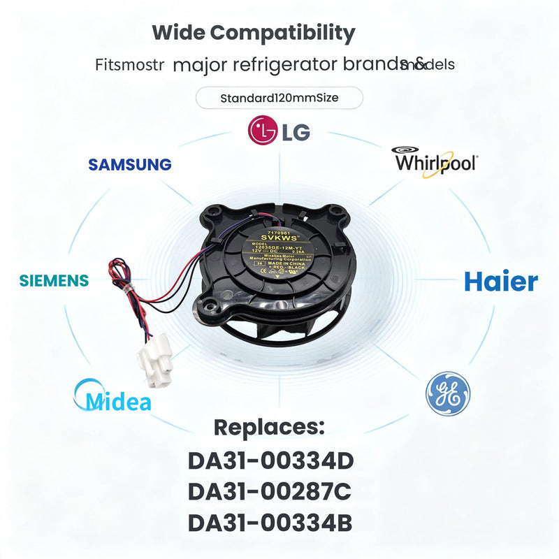 DA31-00334D 12035GE-12M-YT Evaporator Fan Motor for Samsung Refrigerator, DC 12V 0.26A Freezer Fan Replacement, Replaces 7170961 DA31-00340A DA31-00334B DA31-00334C (3pin-Black) 3pin-black