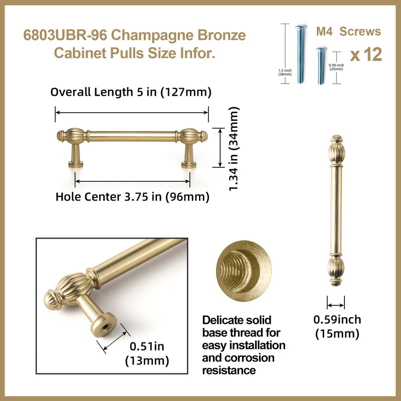 Goo-Ki 6 Pack Champagne Bronze Cabinet Drawer Pulls Kitchen Hardware - 3.78"(96mm) c-c Modern Bar Pull Dresser Handles for Cupboard Closet Wardrobe, 6803CB-96 3.78"(96mm) Center-Center