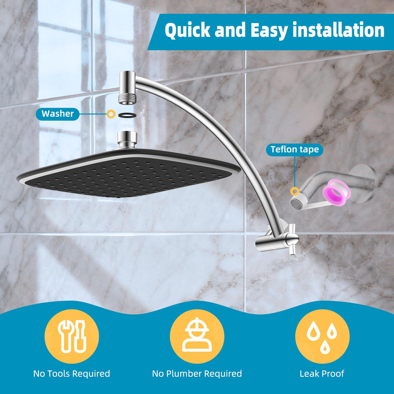 Rain Shower Head with 12" Shower Head Extension Arm, 10" High Pressure Boosting Rainfall/Fixed Showerhead, Metal Shower Head Extender Adjustable Height/Angle, 1-Min Installation, Easy Clean, Chrome Square 10"