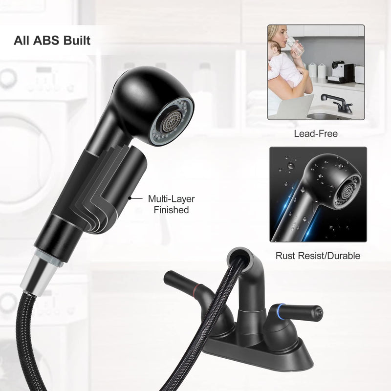Utility Sink Faucet, Laundry Room Faucet with Pull Out Sprayer, Laundry Tub ABS Plastic Faucet, 4 Inch Centerset 3 Holes Installation Non-Metallic, Matte Black