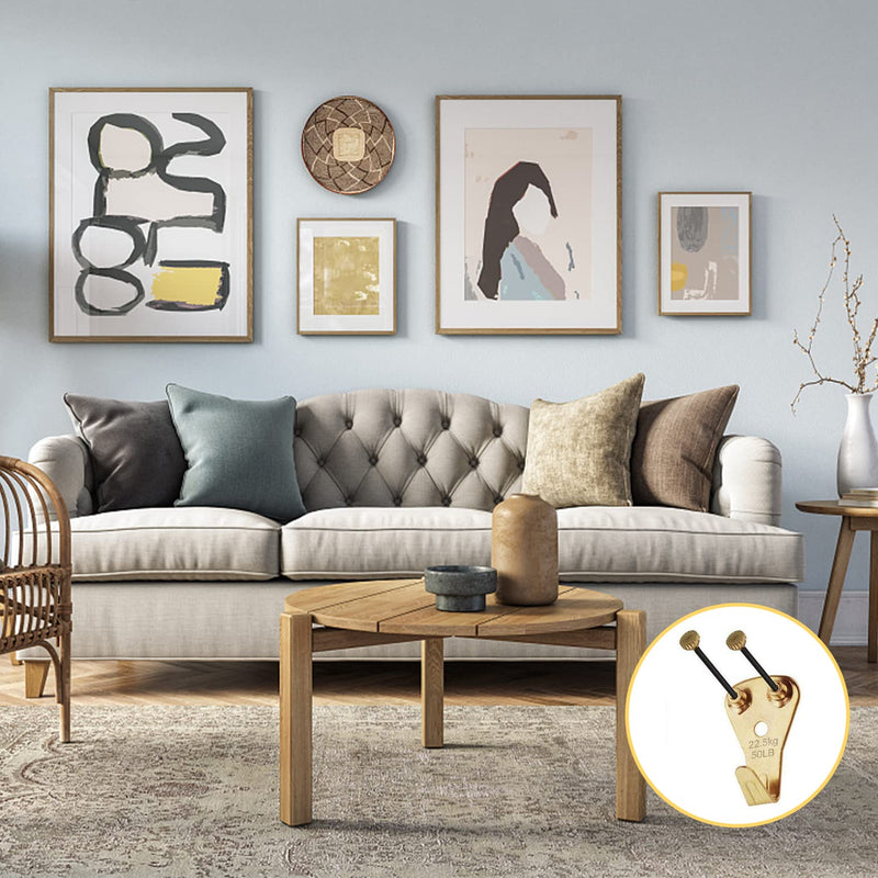 Picture Hangers, 120pcs Picture Hooks with Nails, FUZANWJ Picture Hanging kit, Wall Hangers, Wall Hanging Kit for Drywall/Wooden Wall, Holds 10-50 lbs Gold：10-50LBS