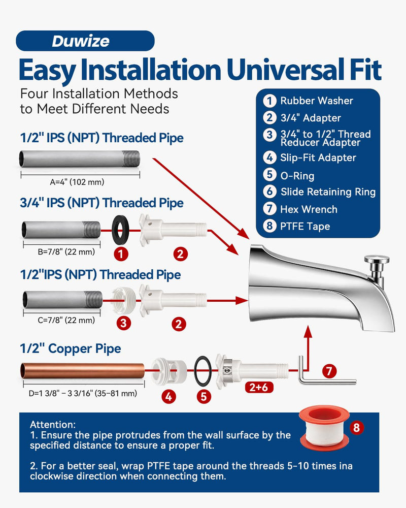 Universal Bathtub Faucet with Diverter, Tub Spout Replacement Fits 1/2" Slip-on Copper Pipe and 1/2" & 3/4" IPS Threaded, Bathroom Tub Faucet Set with Adapters and Hex Wrench (Chrome) Chrome