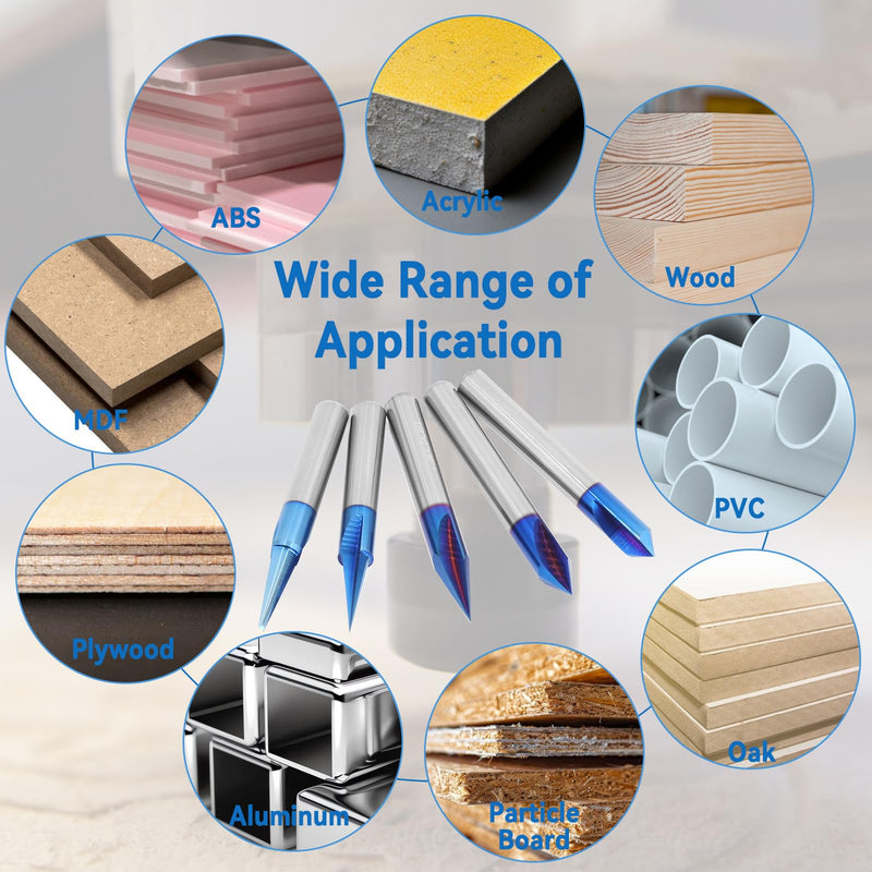 CNC Wood Carving Router Bits Set of 5, 1/4 Shank, 15°/20°/30°/60°/90° Engraving Bits 2 Flutes Straight CNC V-bit with Nano Blue Coating CNC Milling Cutter Engraving Router