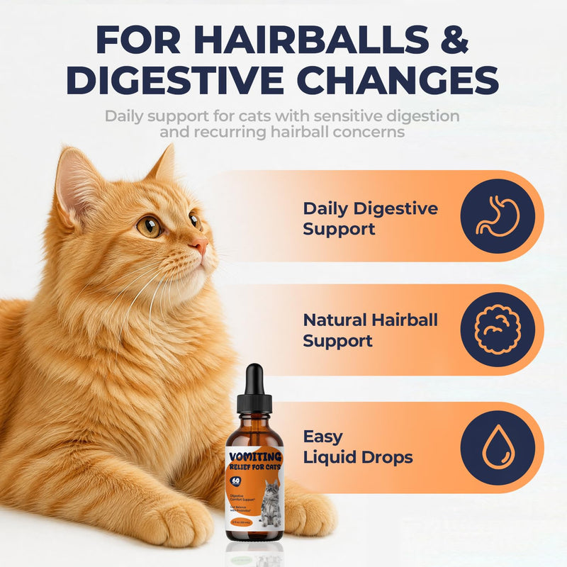Cat Vomit Remedy & Vomiting Relief for Cats, Hairball & Digestive Support Drops, Probiotic + Fiber Blend Helps Reduce Occasional Vomiting, Supports Gut Balance & Hairball Control, 2 fl oz