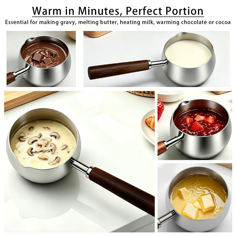 40oz Stainless Steel Milk Butter Warmer Pot with Glass Lid, Saucepan with Pour Spout, Milk Pot with Silicone scraper for Melting Butter, Warming Sauces, Heating Milk 1.2 Quarts-with Lid
