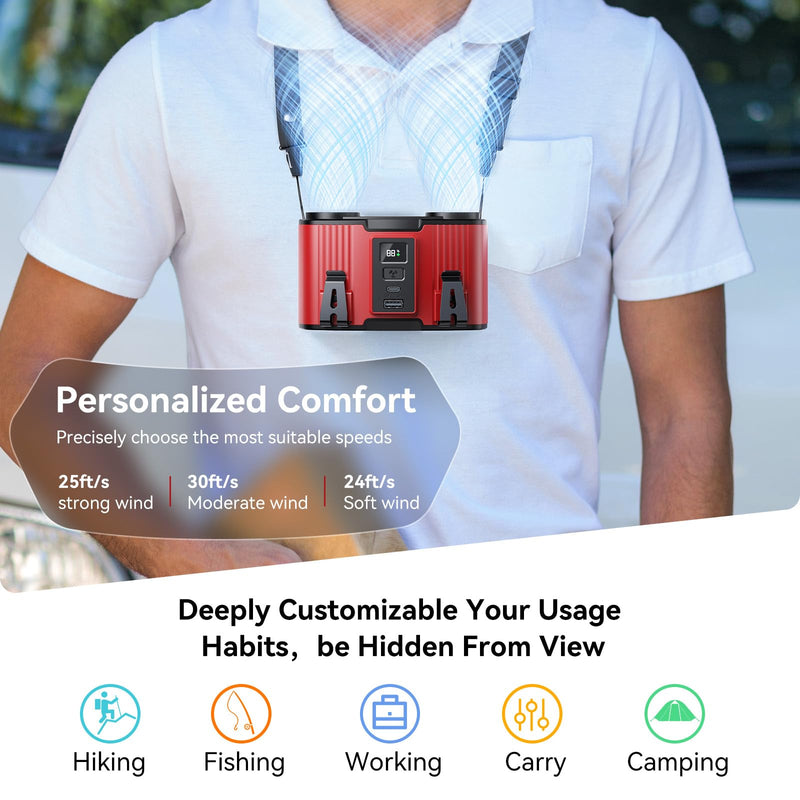 24000mAh Portable Waist Fan, Dual Waist Fan, USB Rechargeable Clip On Belt for Working, Dual Air Ducts Motors, 10 Speeds & 40H, Wearable Neck Fan Cooling for Camping, Outdoor, Travel (Red) Red 24000mAh