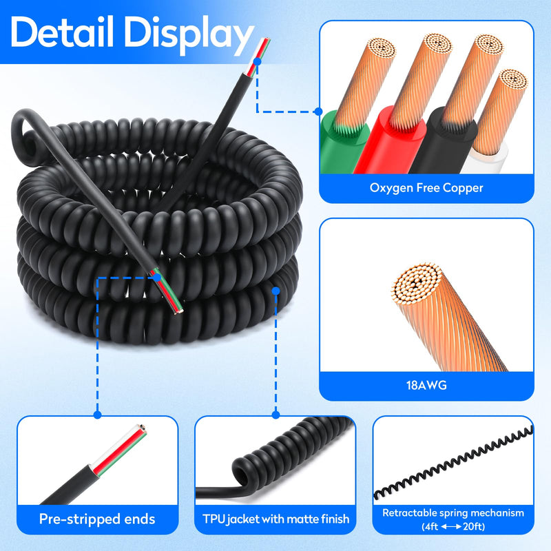 4-20-4 Coil Cord, 4 Conductor Wire, Coiled Extension Cord, 18/4 18AWG 20 Foot Retractable Spring Coil Wire for Industrial/Home Use