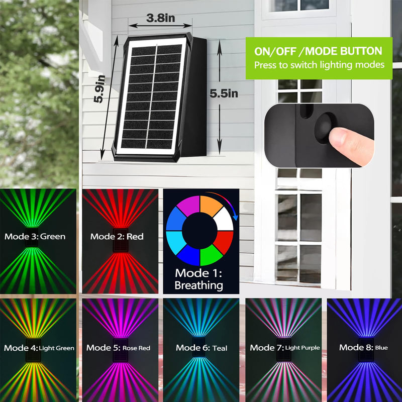 Solar Outdoor Wall Lights, Up & Down Solar Powered Lighting, Waterproof IP65 Fence Light for Yard/Pool/Porch/Patio/Railing (2 Led-RGB Light, 4 Pack) 2 Led-RGB light