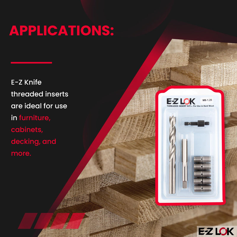 E-Z LOK Threaded Insert Installation Repair Tool Kit for Hard Wood - Includes Stainless Steel Thread Inserts, Drill, Tap, and Drive-Tool M8-1.25 (EZ-T400-M8-CR)