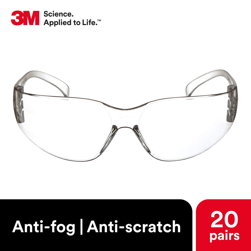 3M Safety Glasses, Virtua, 20 Pair, ANSI Z87, Unisex, Anti-Fog, Scratch Resistant, Clear Lens, Clear Frame, Affordable Eye Protection, Lightweight, Wraparound Coverage Pack of 20 Anti-fog, Anti-scratch