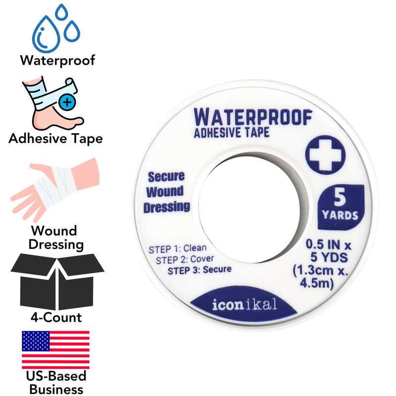 Iconikal First Aid Waterproof Adhesive Tape, White, 0.5 Inch x 5 Yards, 4-Pack