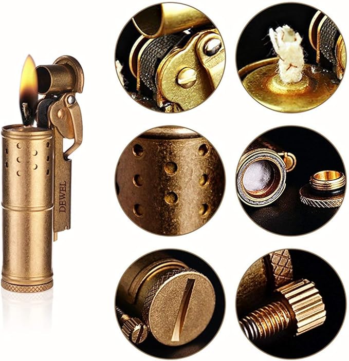 DEWEL oil lighter, retro, small, outdoor, with windshield cover, suitable for outdoor use, slim kerosene lighter, with ignition stone, trench lighter, made of brass, with storage box and cloth bag, Father's Day gift for men (no oil) - NewNest Australia