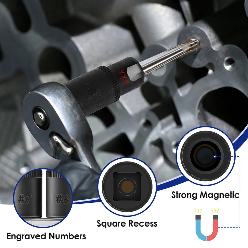 Feekoon 8 Pack Tap Socket Set, 1/4" and 3/8" Drive Tap Socket Adapter Fits all MCTI Standard and Fractional Threads up to 1/2", 1/8" NPT Threads and Metric Threads up to 12mm, with Iron Holder