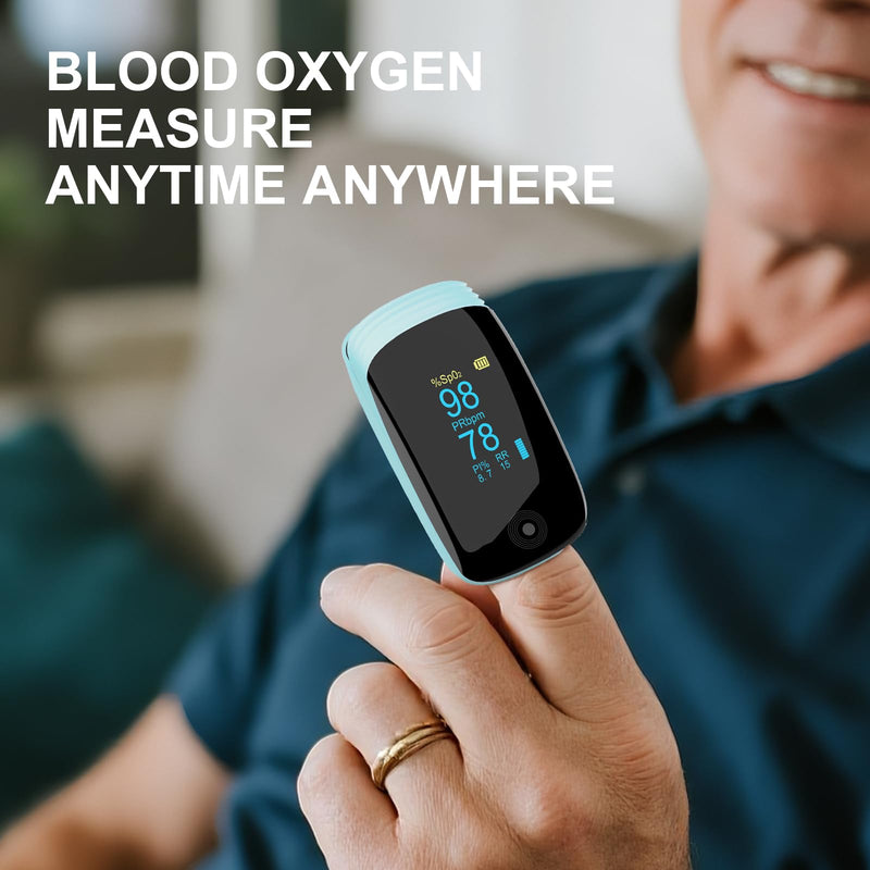 Fingertip Pulse Oximeter, Ox with Respiration Rate Monitoring, Heart Rate, PI & RR Measurements, Fast Spo2 Reading Rechargeable Blood Oxygen Monitor with OLED Display, 6 View Modes & 4-Direction Rotation(Blue）